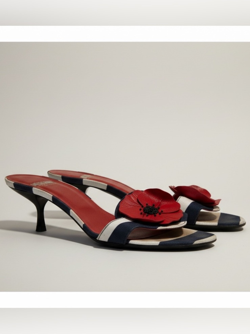 Moschino Vintage Y2K Poppy Floral Striped Kitten Heel Mules Slides Sandals Shoe